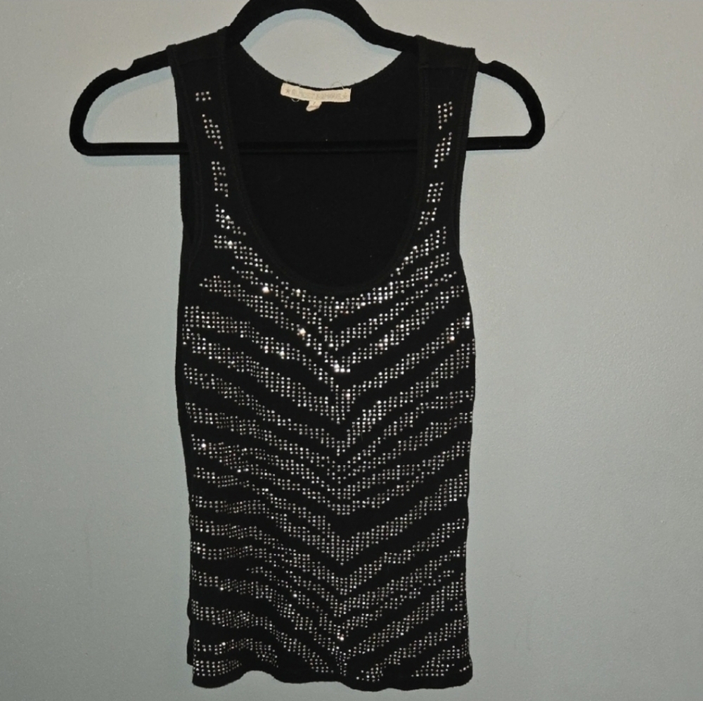 Large Black Tank Top with Metallic Rhinestone Details Zebra Sparkly Grunge
